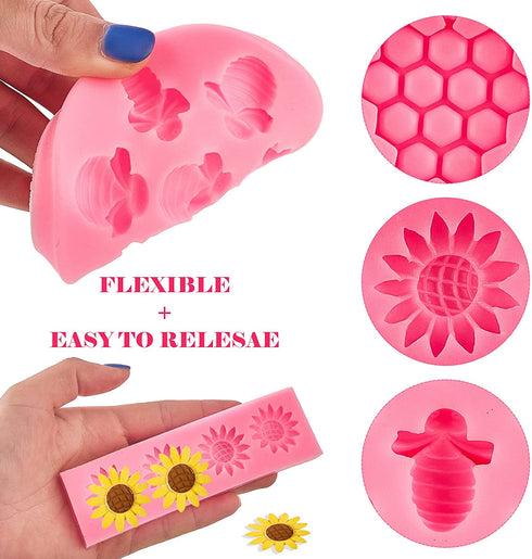 Ocmoiy 4 Pieces Flower and Bee Theme Cake Silicone Molds - Honeycomb Sunflower Bubble Bee Mold for Cake Decoration Cupcake Toppers Chocolate Candy Fondant Polymer Clay Crafting
