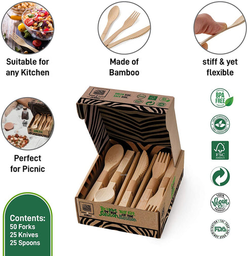 Biodegradable Real Bamboo Utensils/Cutlery Set 100 Disposable Reusable Utensils (50 Forks, 25 Knives, 25 Spoons) BBQ & Camping Accessories by 2 ZEBRAZ