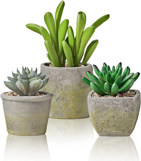 MOTINI Green Mini Artificial Succulents Plants Potted Small Faux Succulent in Cement Pots Fake Realistic Plant for Home Office Decor Indoor Outdoor, Set of 3
