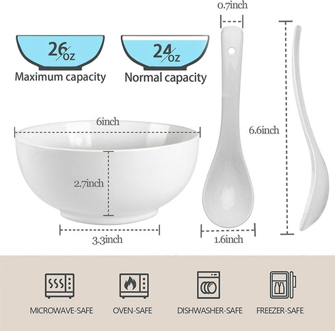 Artena Asian Soup Bowls with Spoons Set of 4, 26 oz Pasta, Ramen, Pho Bowls and Soup Spoons Set, Advanced Porcelain Elegant White Cereal Bowls for Kitchen, Dishwasher Microwave Oven Safe Bowls