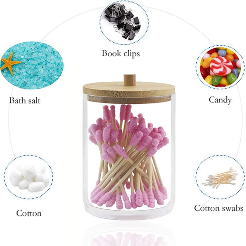 2 Pack Acrylic Qtip Holder Dispenser with Bamboo Lid,Cotton Ball Pad Round Swab Holder Apothecary Bathroom Canister Jars,Clear Plastic Vanity Organizer for Countertop Storage and Organization