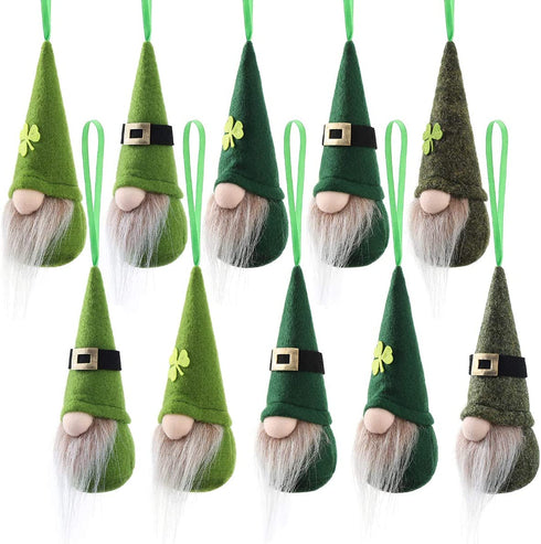 St Patrick Day Hanging Gnome Ornaments Set of 10, Irish Gnomes Handmade Leprechaun Elf Tomet DecorationsSpring Gnome Lucky Clover Hanging Ornament