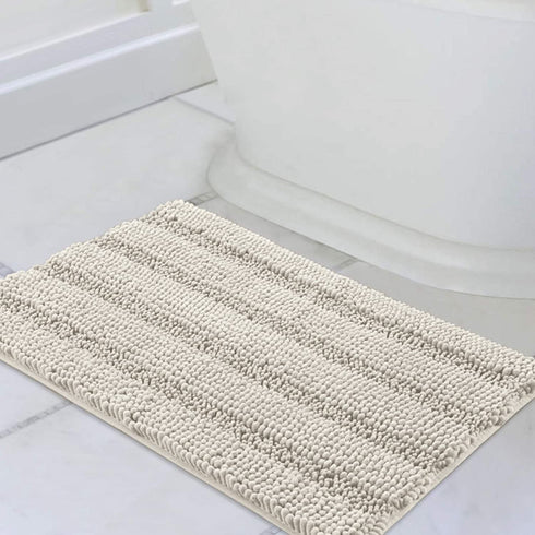 Bath Rugs Ultra Thick and Soft Texture Bath Mat Chenille Plush Striped Floor Mats Hand Tufted Bath Rug with Non-Slip Backing Door Mat for Kitchen/Entryway (Cream - 20" x 32")