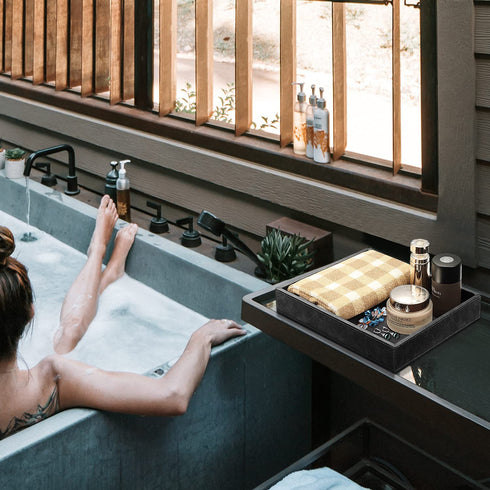 SITHON Valet Tray Desk Organizer, PU Leather Catchall Tray Bedside Vanity Tray Nightstand Caddy Coin Box Key Jewelry Storage Organizer, Black