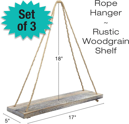 Excello Global Products Rustic Distressed Wood Hanging Shelves: 17-Inch with Swing Rope Floating Shelves (Brown - Pack of 3)