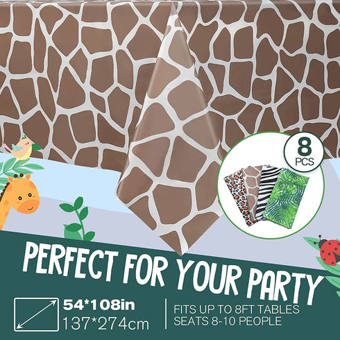 8 Pieces Animal Safari Theme Zoo Table Covers Tropical Palm Leaf Tablecloth Zebra Print Tablecloth Leopard Giraffe Print Table Cover for Animal Themed Party Supplies Birthday Baby Shower Zoo Jungle