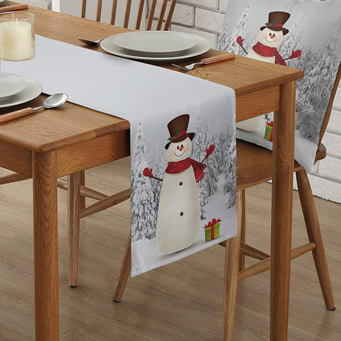 Gogobebe Christmas Table Runner 36 inches Long Snowman and Gift White Kitchen Table Runner for Dining Table Cotton Linen Table Runners for Party Home Decoration 13x36in