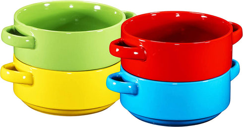 Porcelain 19 Oz. Soup Bowls With Handles - Oven Safe Bowls For French Onion Soup, Multi-Color Oven Soup Bowls, Set Of 4
