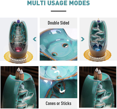 Zvaiuk 2 Sides LED Waterfall Incense Burner?Ceramic Backflow Incense Holder , Fountain Smoke Incense Holder with 120 Incense Cones & 50 Incense Stick, Aromatherapy Ornament Home Decor(Blue)
