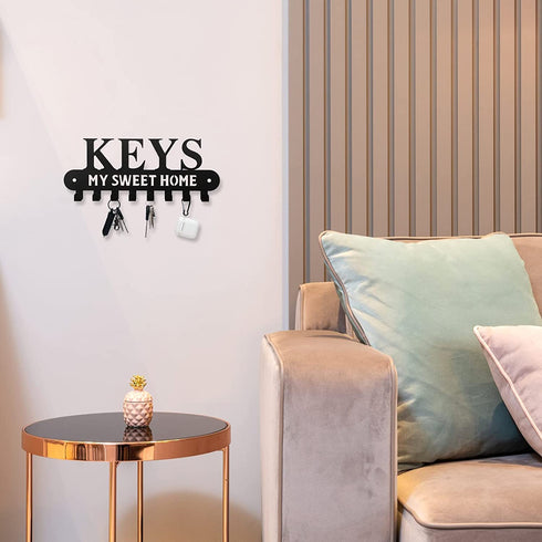 Black Metal Key Holder Hooks with Sweet Home Decorative for Wall Mounted Decor to Hang Keys Scarves Pet Leashes in Front Door Kitchen Garage Campers and Cabin, 8 Hook Racks