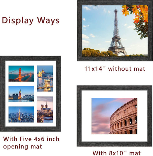 NUOLAN 11x14 Picture Frame Weathered Black Wood Pattern Set of 2 with 4 Mats, Display - 8x10 Picture or Five 4x6 Photos with Mat, 11x14 Without Mat (NL-PF11X14-DG)
