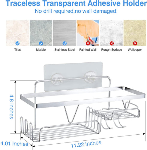AURIKAR Shower Caddy Adhesive Shower Organizer Rack with Hooks, No Drilling Stainless Steel Wall Hanging Shower Shelf for Inside Shower Bathroom Restroom Storage, Silver 2-Pack
