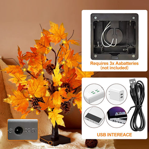 CKE 24 Inch Artificial Fall Tree Lighted Maple Tree Battery USB Operated w/Timer, 24 LED Thanksgiving Decorations Table Lights Tree for Autumn Wedding Party Gift Indoor Outdoor Harvest Home Decoration