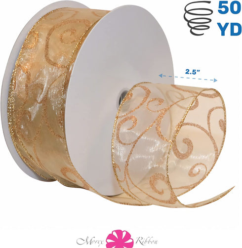 Morex Ribbon 7416.60/50-623 Swirl 2.5" X 50 YD Nylon Sheer Curling Wired Glitter Ribbon, Gold/Bronze, Holiday Ribbons for Crafts and Christmas Decorations, Indoor Christmas Ribbon for Gift Wrapping