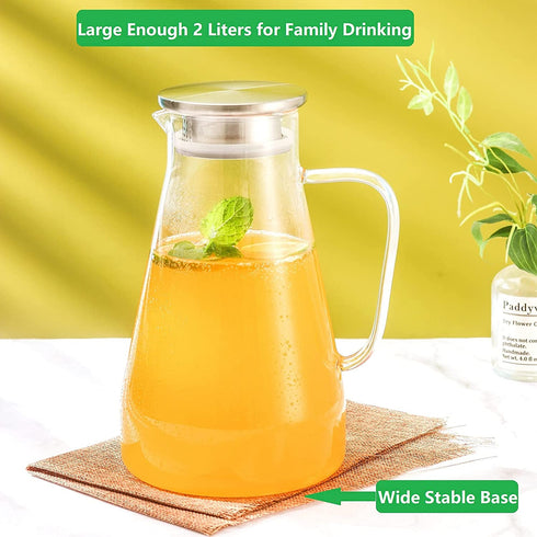 Tbgllmy 2 Liter 68 Ounces Glass Pitcher With Lid, Hot&Cold Water Pitcher With Handle, for Homemade Beverage, Juice, Iced Tea and Milk