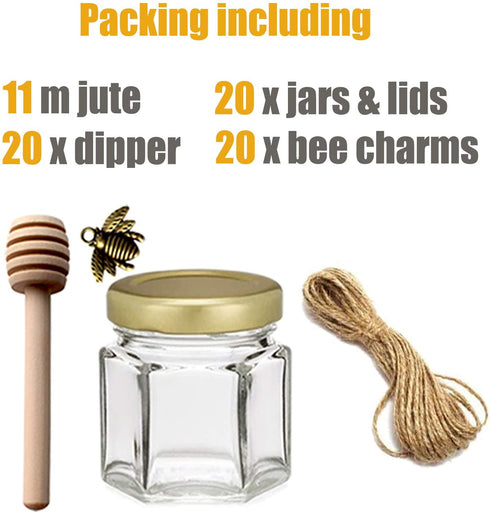 Adabocute 1.5 oz 20 pack Hexagon Mini Glass Honey Jars with Wood Dipper, Gold Lid, Bee Pendants - Perfect for Baby Shower, Wedding Favors, Party Favors