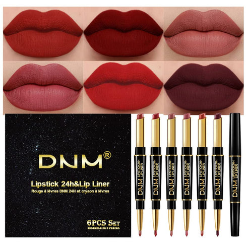 6Pcs Lip Liner and Lipstick Lip Stain Makeup Set, DNM Dark Red Black Nude Matte Lipstick with Lip Liner Set Long Lasting Waterproof 24 Hour Lipstick and Lip Liner Set labiales matte larga duracion 24