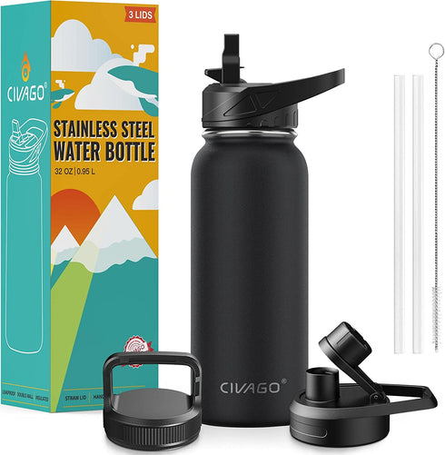 CIVAGO 32 oz Insulated Water Bottle With Straw, Stainless Steel Sports Water Cup Flask with 3 Lids (Straw, Spout and Handle Lid), Wide Mouth Travel Thermo Mug, Midnight Black