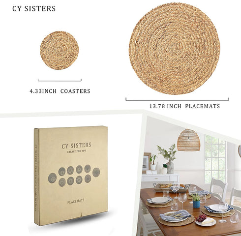 CY SISTERS Woven Placemats Set of 2, Round Placemats for Dining Table, 100% Water Hyacinth, Natural Farmhouse Braided Placemats Wicker Rustic Place Mats, Home, Wedding, Perfect for Indoor Outdoor 14€œ