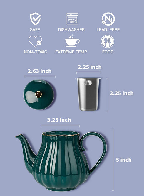Amazingware Royal Teapot, Porcelain Tea Pot with Stainless Steel Infuser, with a Filter for Loose Tea, Pumpkin Fluted Shape - 28 oz, Dark Green