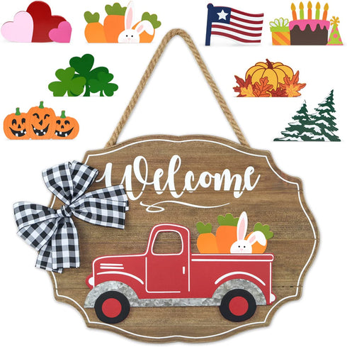 Winder Truck Welcome Sign for Front Door Red Truck Decor with 6-PC Interchangeable Seasonal Icons Farmhouse Wooden Wall Hanging for Birthday Halloween Christmas Holiday Hanger Decorations(Natural Red Truck)