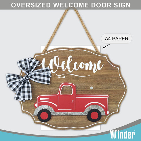 Winder Truck Welcome Sign for Front Door Red Truck Decor with 6-PC Interchangeable Seasonal Icons Farmhouse Wooden Wall Hanging for Birthday Halloween Christmas Holiday Hanger Decorations(Natural Red Truck)