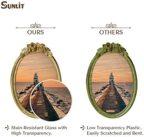 Sunlit Vintage Picture Frame 4x6 Inch, Oval Antique Photo Frames with Glass Front, Luxury Photo Display, Tabletop Wall Hanging, Gift Ideas, Golden Rose