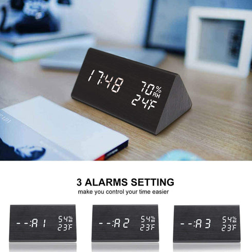 Digital Alarm Clock, with Wooden Electronic LED Time Display, 3 Alarm Settings, Humidity & Temperature Detect, Wood Made Electric Clocks for Bedroom, Bedside¦ (Black)