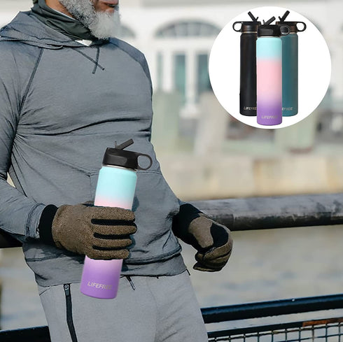 Stainless Steel Insulated Water Bottles with 2 Lids-straw Lid & Rotated Lid, Vacuum Insulated Sports Bottle Wide Mouth Double Wall Water Bottle BPA free to Keep Cold and Hot for Biking & Walking (24 OZ, Hydrangea)