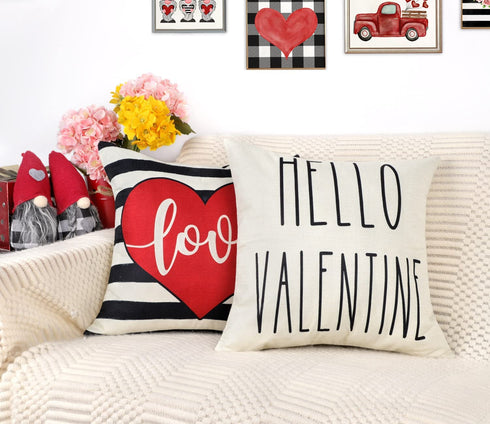 4TH Emotion Valentines Day Stripe Pillow Covers 18x18 Set of 4 Spring Farmhouse Decor Red Truck Love Hugs Kisses Holiday Decorations Throw Cushion Case for Home Decorations TH078