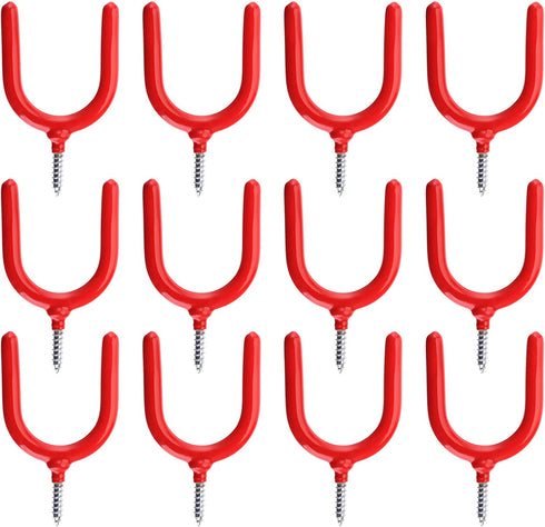 Yesland 12 Pack Screw-in Hooks Tool, Red Vinyl Coated Steel Wall Mount Utility U-Hooks Storage Household Hooks Tool Holders for Garden Tools, Shovels, Rakes & Workshop Organizer