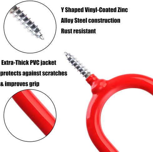 Yesland 12 Pack Screw-in Hooks Tool, Red Vinyl Coated Steel Wall Mount Utility U-Hooks Storage Household Hooks Tool Holders for Garden Tools, Shovels, Rakes & Workshop Organizer