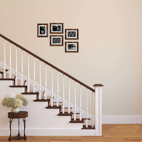 QUTREY 5x7 Picture Frame Set of 5, Rustic Distressed Display 5x7 Photo Pictures with Mat or 6x8 Without Mat for Wall Mount or Tabletop, Brown