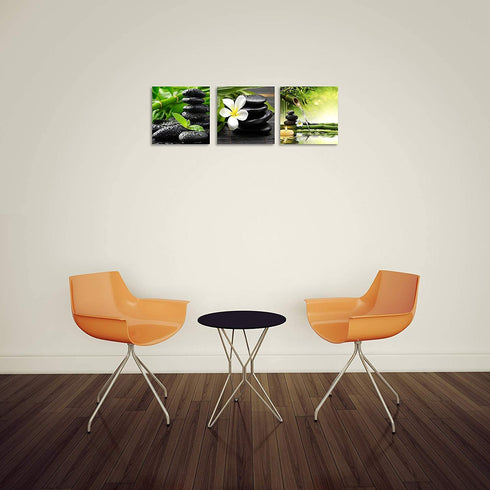 TutuBeer 3 Panel Zen Canvas Wall Art Still Life SPA Stone Green Bamboo White Frangipani Flower Pictures Prints on Canvas for Home Office Kitchen Wall Decor Stretched and Framed Each Panel 12x12inch