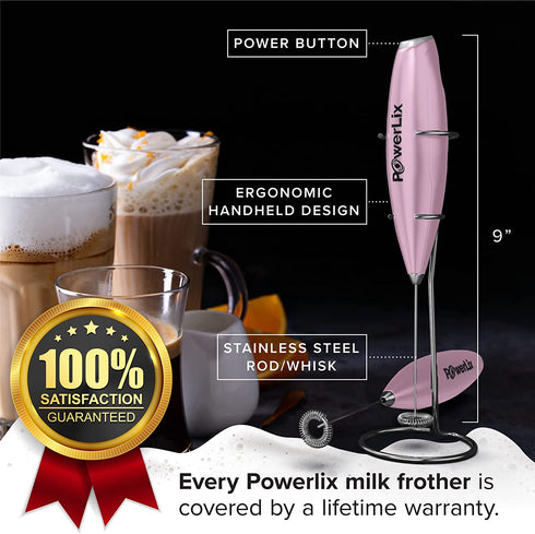 PowerLix Milk Frother Handheld Battery Operated Electric Whisk Foam Maker For Coffee, Latte, Cappuccino, Hot Chocolate, Durable Mini Drink Mixer With Stainless Steel Stand Included (Light Pink)