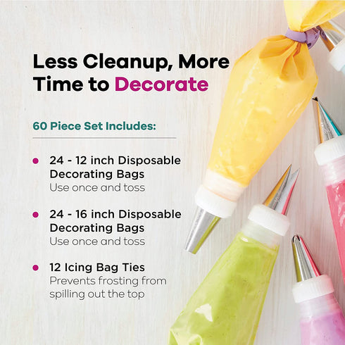 Wilton Assorted Size Disposable Decorating Piping Bags with Icing Bag Ties, 60-Piece