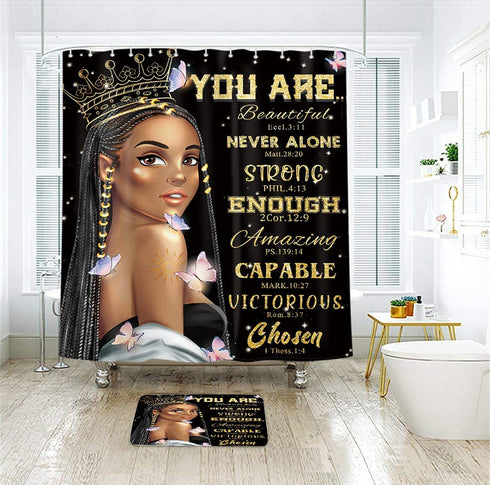 LIGHTINHOME African American Woman Quotes Shower Curtain Inspirational Black Girl Queen 60Wx72H Motivational Butterfly Intelligent Word Fabric Waterproof Home Bathtub Decor 12 Pack Plastic Hooks