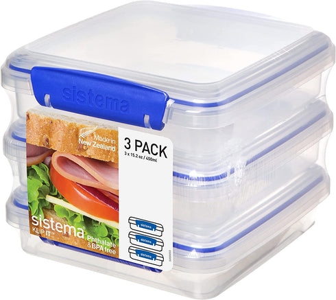 Sistema KLIP IT Collection Sandwich Box 1.9 Cup Compact Food Storage Container, 3 Pack, Clear/Blue, Great for Meal Prep, BPA Free, Reusable