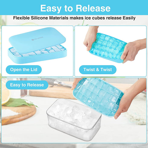 Silicone Ice Cube Tray with Lid container & scoop, Flexible & BPA Free Silicone Mold Making 32Pcs x0.4 Oz Small Square Ice Cubes for Chingling Cocktail and Milk Tea(Blue)