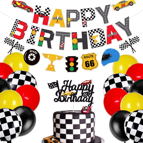 Race Car Birthday Banner and Cake Topper Racing Chequered Flag Hot Wheel Themed Birthday Party Supplies