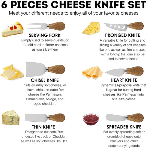 Cheese Knife Set,6pc Stainless Steel Cheese Knives Cutter for Charcuterie Board with Spreader/Slicer/Fork,Charcuterie Utensils with Wood Handle,Exquisite Cheese Butter Tool Collection Gifts Set