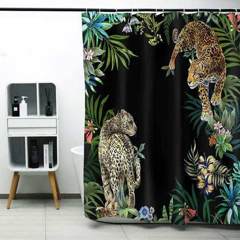 MACOFE Animal Print Leopard Shower Curtain Set,Hooks Included,Tropical Safari Black Fabric Bathroom Shower Curtain (72 x 72)