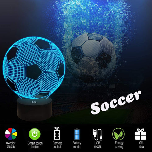 FULLOSUN Kids Night Light Soccer 3D Optical Illusion Lamp with Remote Control 16 Colors Changing Football Birthday Xmas Valentine's Day Gift Idea for Sport Fan Boys Girls