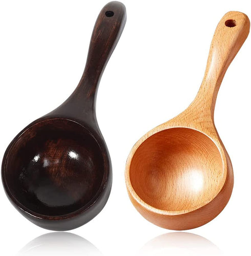 2Pcs Bath Salt Scoop Wooden Ladle Spoon Scoops for Canisters Flour Scoop Ladles for Cooking (Brown and yellow wood)