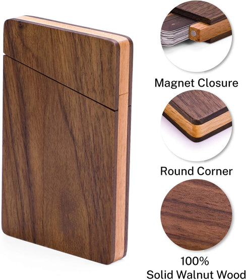 MaxGear Business Card Holder Wood Business Card Holders, Business Card Case Name Card Holder for Men Pocket Card Holder with Magnetic Closure, Walnut Beech