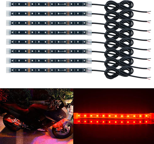Geeon 8-Pack 8" Red Motorcycle LED Strip Light 12V Waterproof IP68 Accent Lights, Wheel Well Lights, Underbody Lights for Car Boat Automotive Truck Trailer Interior Exterior
