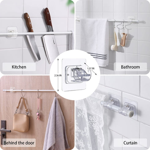 10 Pcs No Drill Curtain Rod Brackets, Adhesive Curtain Rod Holder, No Nail Curtain Rod Brackets Fixing Holders, Drapery Wall Clamp Hook for Curtain Rod with 10 Acrylic Double-Sided Tape (Transparent)