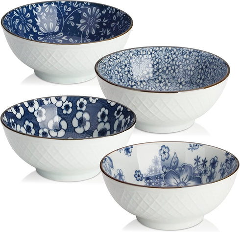 Y YHY Ceramic Bowls, Japanese Rice Bowl, Cereal Bowls for Kitchen, 16oz Blue Bowl Set of 4, Assorted Designs, Microwave and Dishwasher Safe