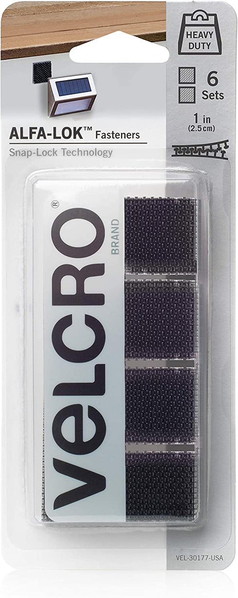 VELCRO Brand VEL-30177-USA ALFA-LOK Fasteners | Heavy Duty Snap-Lock Technology | Self-Engaging and Multidirectional Use | Black, 1 inch Squares, 6 Sets, Count