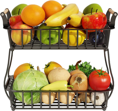 Wisdom Star 2 Tier Fruit Basket Bowl Farmhouse for Kitchen Countertop, Detachable Metal Bread Fruit Vegetable Storage Basket Stand Holder with Wooden Handle , Black